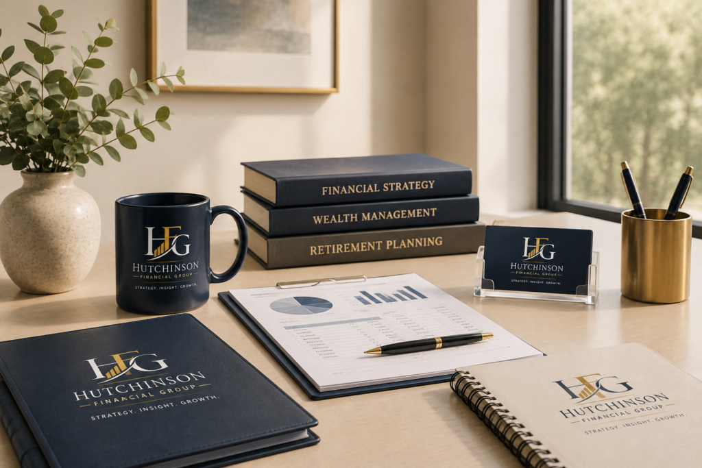 Professional financial planning workspace featuring Hutchinson Financial Group branding, financial reports, and planning materials.